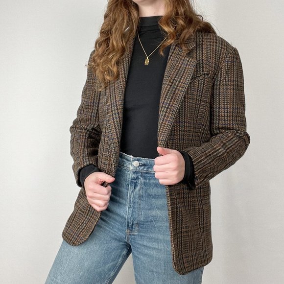 Vintage Preppy Oversized Wool Houndstooth Tweed Plaid Long Blazer Jacket Coat - Picture 2 of 7